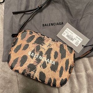 NWT Balenciaga calfskin logo printed leopard XS everyday camera bag